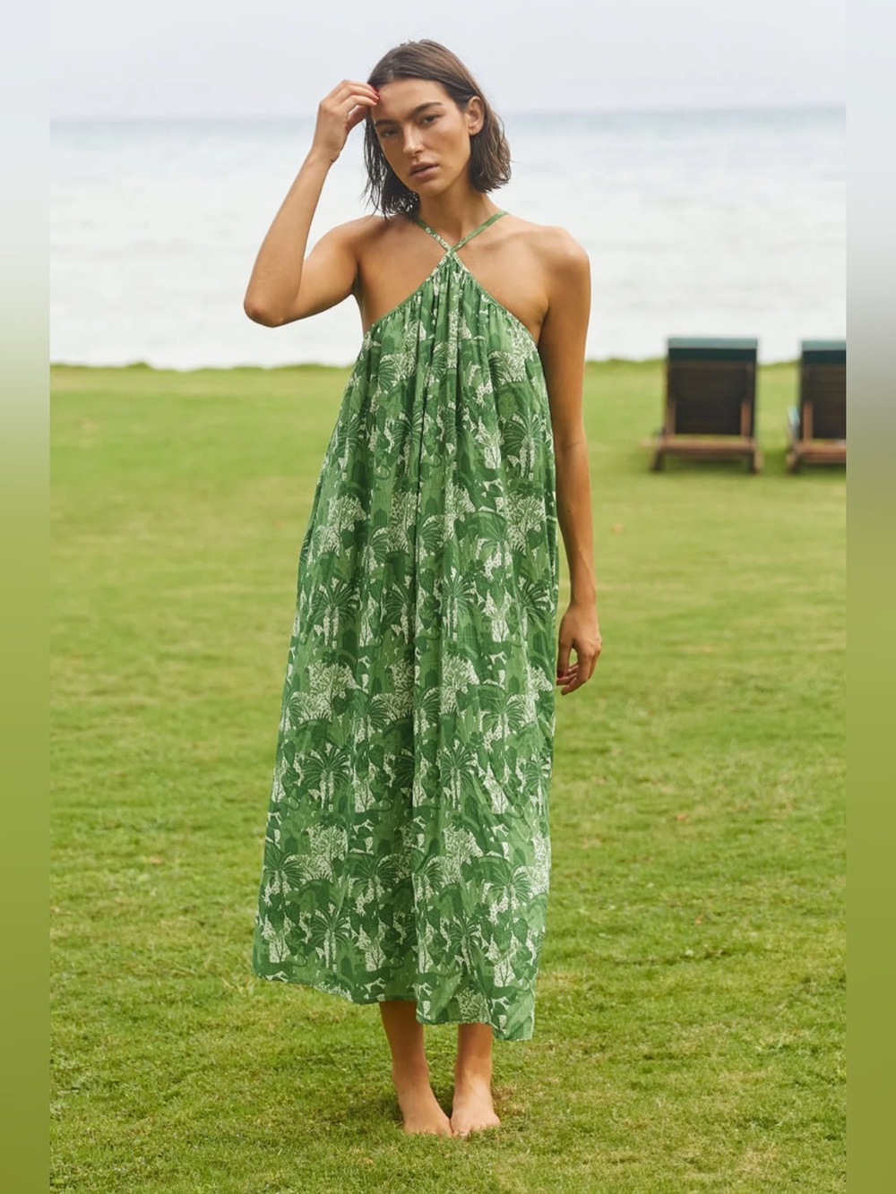 NEW Citrine Petra Green Jungle Tropical Print Maxi Dress Boho Resortwear Coastal